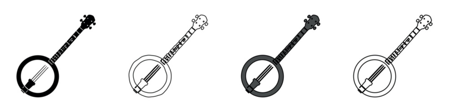 Collection of banjo icons in four distinct styles for musical representation
