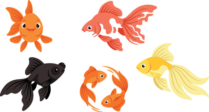 Cute Goldfish Cartoon Vector Character Set Featuring Black Moor Orange Calico and Yellow Fancy Fish for Aquarium Pet Shop Branding Children Books and Ocean Graphics