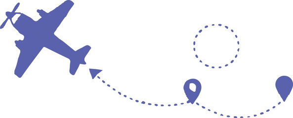 Airplane propeller icon marks a journey across multiple map locations with a dashed trail. © mstaduri