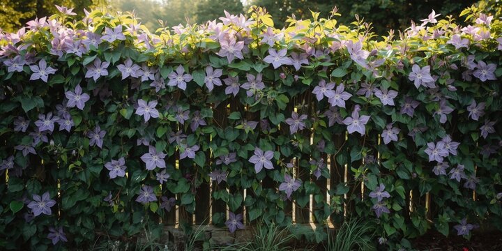 Lush clematis flowers enveloping a classic garden fence under daylight
