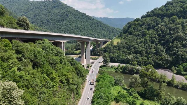 Aerial drone shot of Vranduk viaduct bridge in Bosnia and Herzegovina