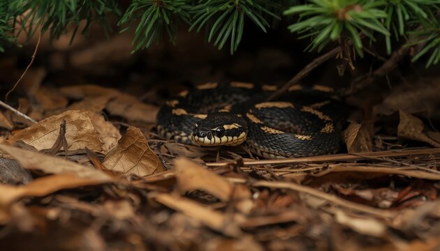 There is a snake that is laying on the ground in the leaves