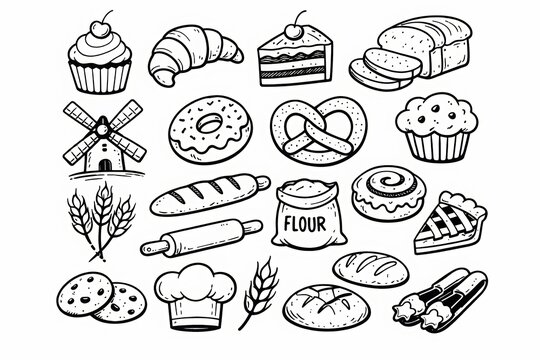 Hand drawn bakery icon collection, Black and white hand drawn bakery doodle set featuring bread, croissant, cupcake, donut, pretzel, rolling pin, flour bag, wheat, chef hat and pastries