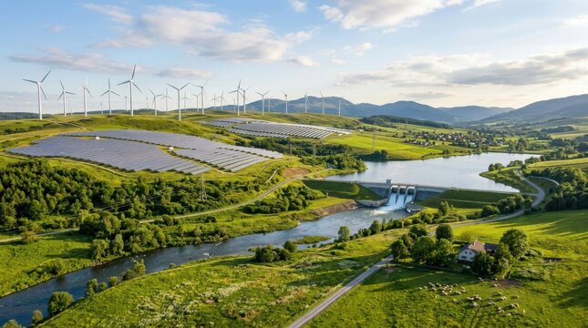 Scenic renewable energy landscape with wind turbines solar panels and hydroelectric dam