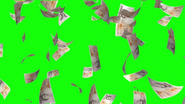 Abstract video overlay with falling English pound notes. An endlessly looped background with a money rain on the theme of the fall in the national currency rate.