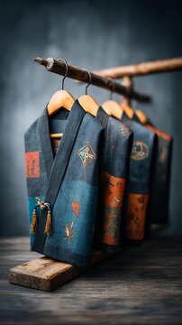 Elegant kimono jackets hanging on a wooden rack, adorned with embroidered details