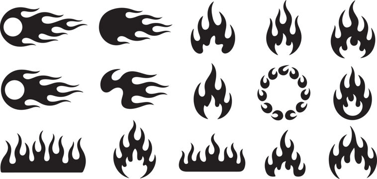Detailed black fire flame symbols collection featuring various blaze and spark silhouettes.