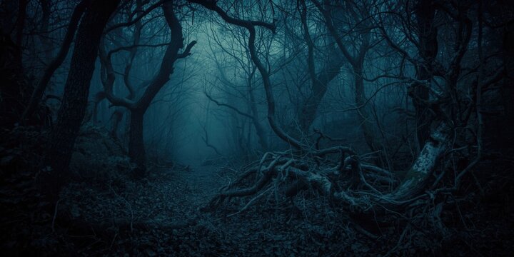 Dark and eerie forest with twisted trees and fog