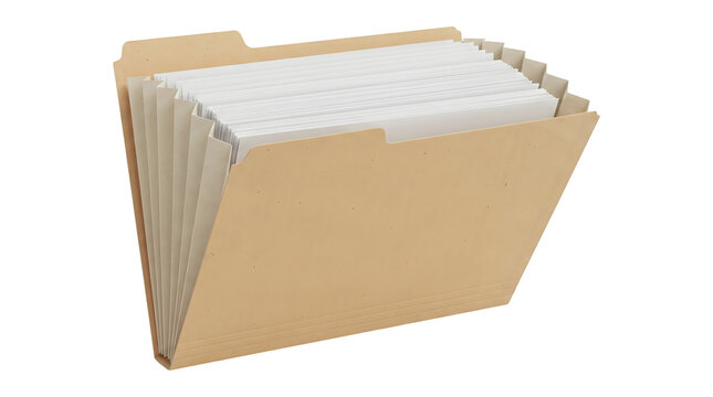 File folder in manila kraft paper filled with stacked white documents and dividers presented as a PNG on a transparent background