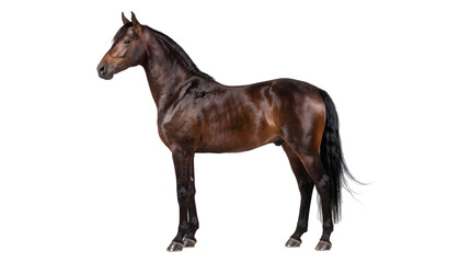Horse with dark bay glossy coat and black mane standing in full profile captured as a PNG on a transparent background © Inkartia