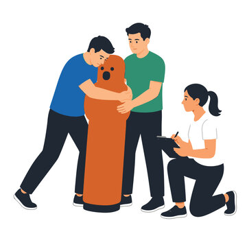 First aid training session with instructor and students practicing Heimlich maneuver on dummy.