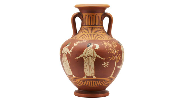 Greek amphora with terracotta finish painted figures and geometric patterns presented as a PNG on a transparent background