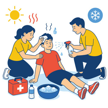 First aid treatment for heatstroke vector illustration showing friends helping a boy suffering from heat exhaustion.
