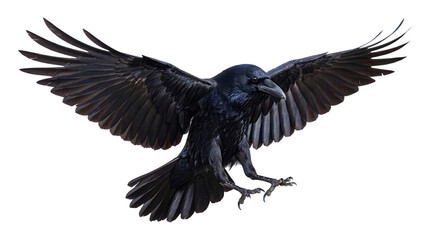 Obraz premium Raven with fully spread wings and extended sharp talons captured mid flight as a PNG on a transparent background