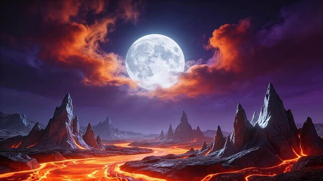 Lava flow under full moon in alien landscape