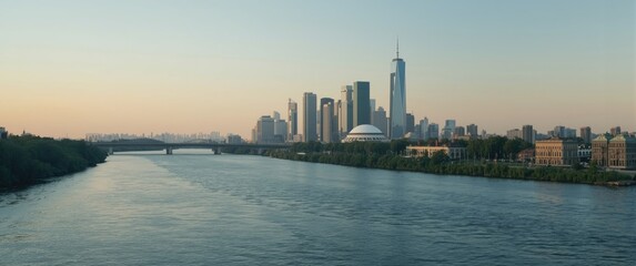 Naklejka premium City skyline with river at sunset