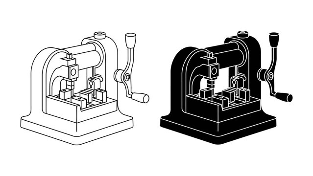 Vintage Stapler Machine Illustration: A detailed black and white illustration showcasing a classic industrial stapler machine with a hand crank, highlighting its mechanical design and retro aesthetic.