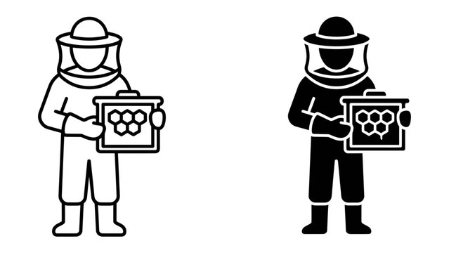 Beekeeper Icon: A stylized illustration of a beekeeper in protective gear, holding a frame of honeycomb, representing beekeeping and apiculture.