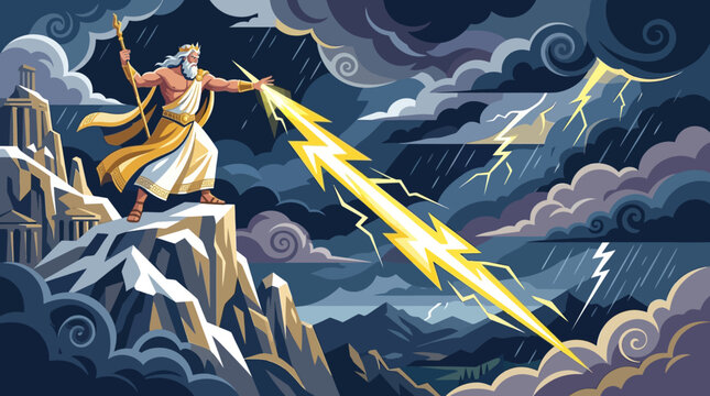 Zeus Wrath Vector Illustration Holding Lightning Bolt Above Olympus