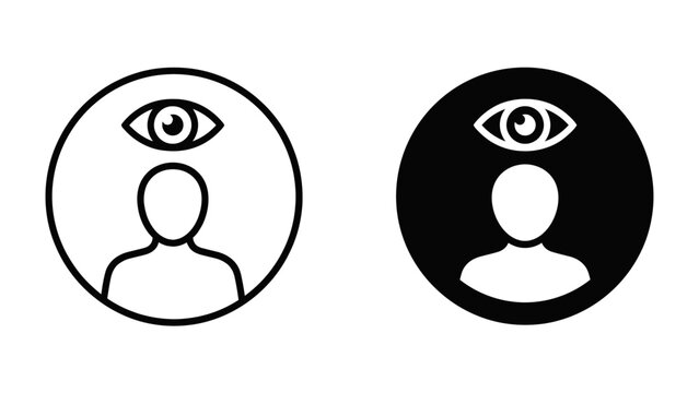 Concept of Surveillance: Simple line art and solid black icons depict a human silhouette with an eye above its head, symbolizing monitoring, observation, or consciousness.