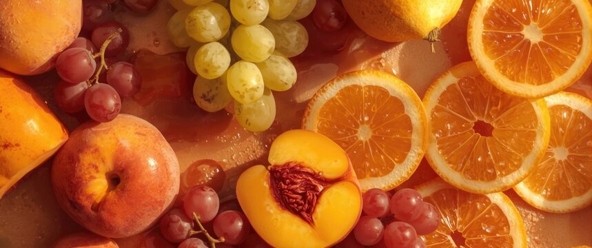 Mix of juicy peaches grapes and citrus slices arranged with copy space for text