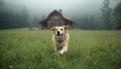 Naklejka premium Dog running happily through a grassy field near a cabin