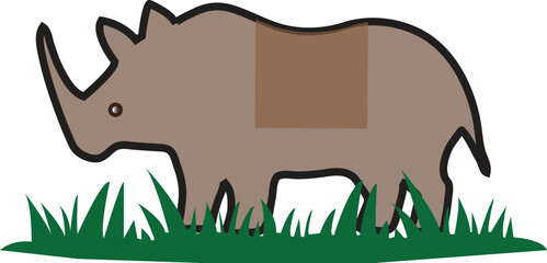 Minimalist rhinoceros vector illustration, brown rhino character standing in green grass, simple wildlife animal icon for children education © Sheamala