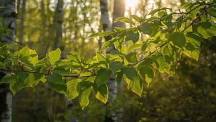 Fototapeta premium Sunlight shining through green leaves on a tree branch