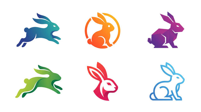 Collection of vibrant colorful rabbit icons featuring diverse poses and stylized artistic shapes designed with smooth gradients and bold clean lines for modern graphic design projects isolated on tran
