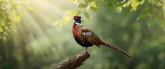 Naklejka premium Colorful pheasant perched on a branch in a forest