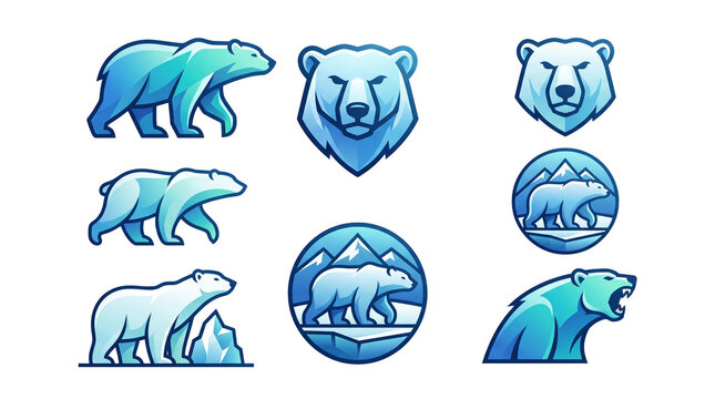 Collection of professional polar bear vector mascot logos featuring diverse poses and expressive facial features rendered in a bold modern flat graphic style with cool blue gradients on transparent ba