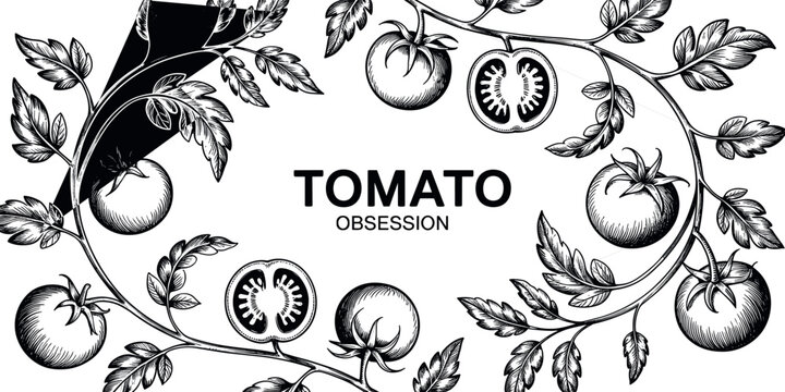 Hand drawn tomato vector illustration frame with vintage sketch style detailed engraved branches leaves and slices