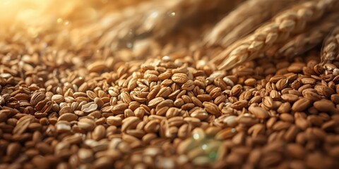 Obraz premium Grains scattered on a wooden surface with wheat stalks