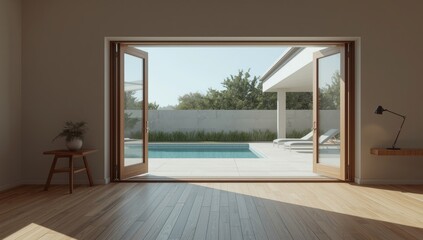 Fototapeta premium Open doors revealing a modern poolside view in a living room