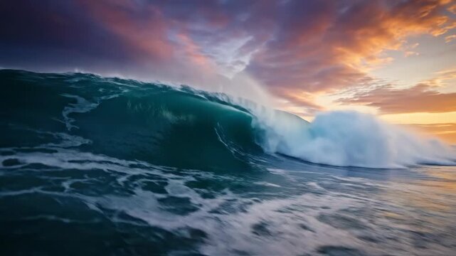 A powerful ocean wave crests with white foam and sprays near a colorful sunset sky during golden hour.