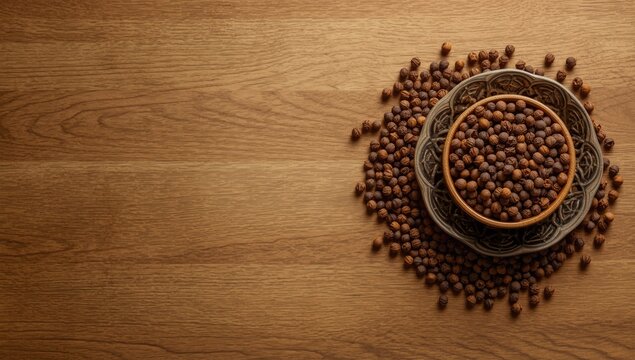 Overhead perspective of a warm toned wooden panel featuring a bowl of allspice peppercorns and copy space