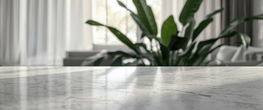 Sleek white marble slab with a soft focus luxury interior featuring flowing curtain windows and vibrant green plants for montage use
