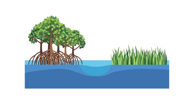 Mangrove forest and marsh grass on blue water, environmental illustration