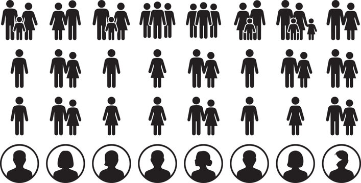 Diverse stick figure families and individuals in a grid formation on white background