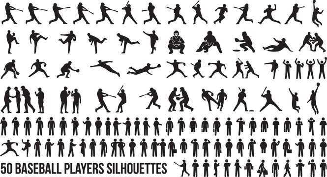 Dynamic baseball player silhouettes in action during a game on white background
