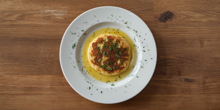 Homemade garbanzo flour socca pancake displayed on plate with natural wood table