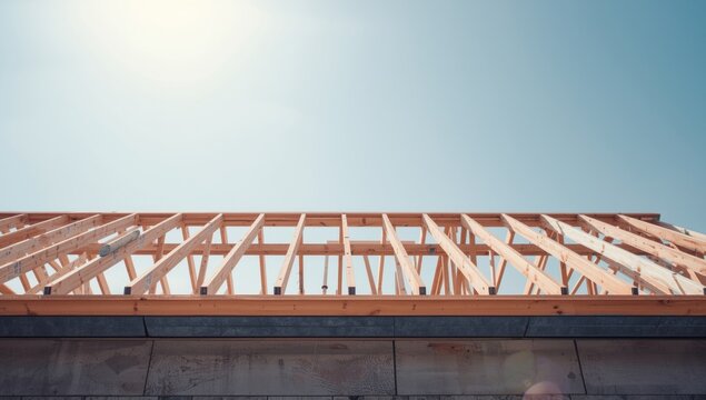 New home construction highlighting roof joists setup with a bright clear sky