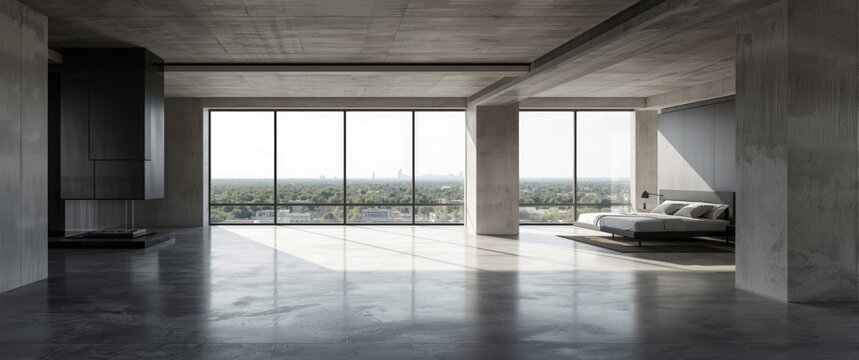 Minimalist loft design with smooth concrete finishes and panoramic window