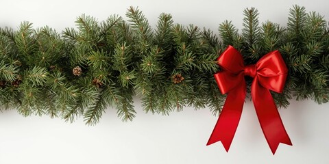 Fototapeta premium Holiday pine garland featuring a red bow with a white background