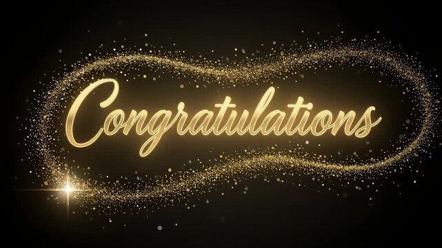 Elegant golden congratulations text with sparkling glitter and bright lights on black background