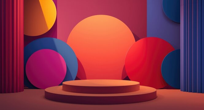 Colorful abstract pedestal podium set with circle shaped backdrop and vibrant design