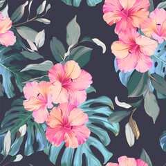 Tropical pattern. Paradise plants and flowers. Hawaiian pattern. Exotic, tropical. Delicate soft colors. © Alaska_artworks
