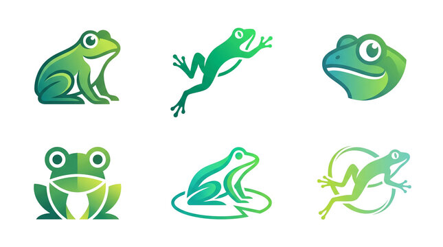 Set of six minimalist frog logo designs featuring vibrant green gradient colors and simple geometric shapes created in a modern artistic style for professional branding purposes isolated on transparen