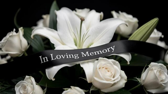White roses and lilies funeral bouquet with In Loving Memory ribbon on black background