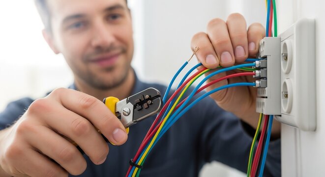 Smiling man wiring socket with colorful electrical cables and wire strippers in hands. Electrician connects wires to socket, showcasing precision in electrical work.